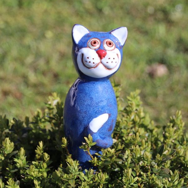 Keramik Katze auf Stab Blau
